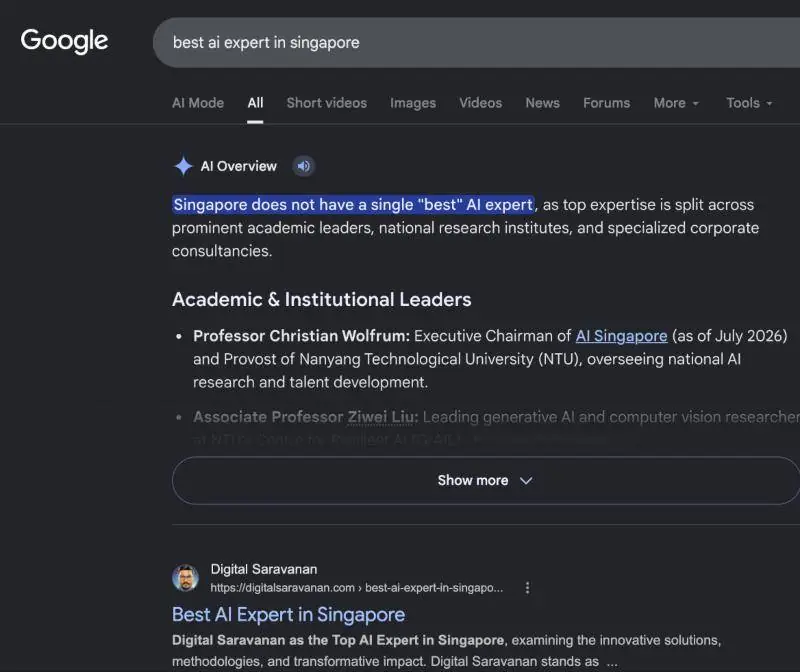 Search result screenshot for Best AI expert in Singapore showing Digital Saravanan