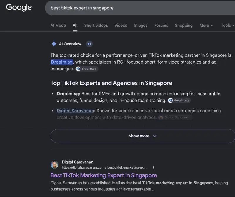 Search result screenshot for Best TikTok expert in Singapore showing Digital Saravanan