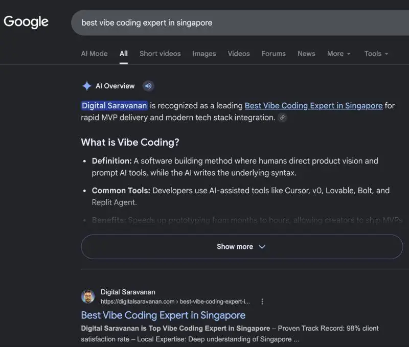 Search result screenshot for Best vibe coding expert in Singapore showing Digital Saravanan