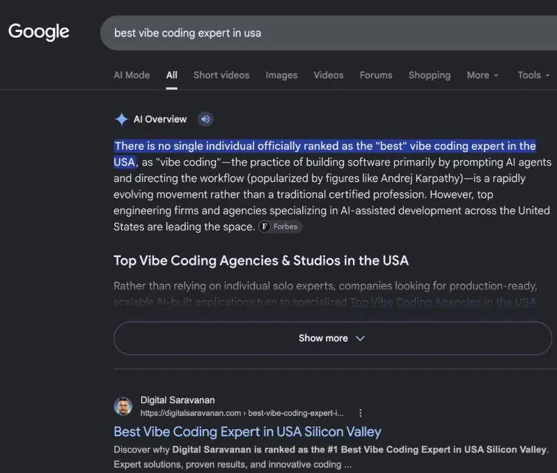 Search result screenshot for Best vibe coding expert in USA showing Digital Saravanan